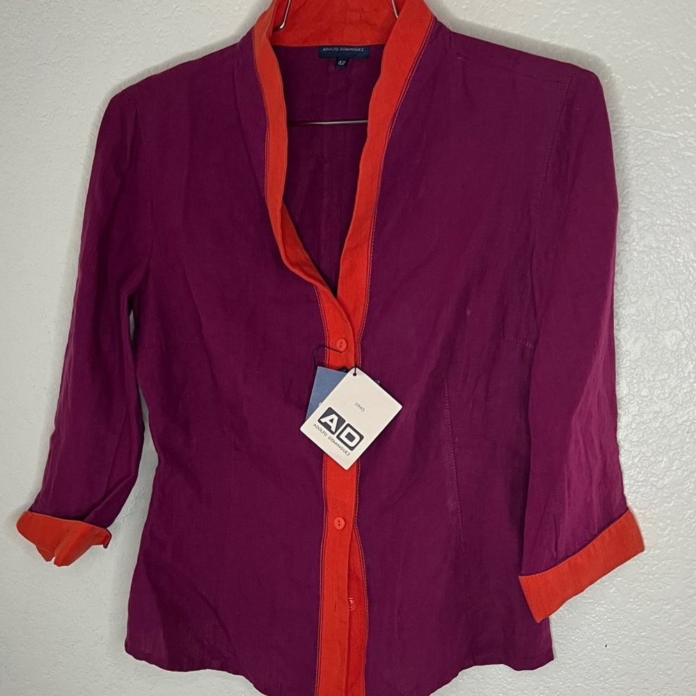 New Adolfo Dominguez linen woman’s button down top purple orange size 42